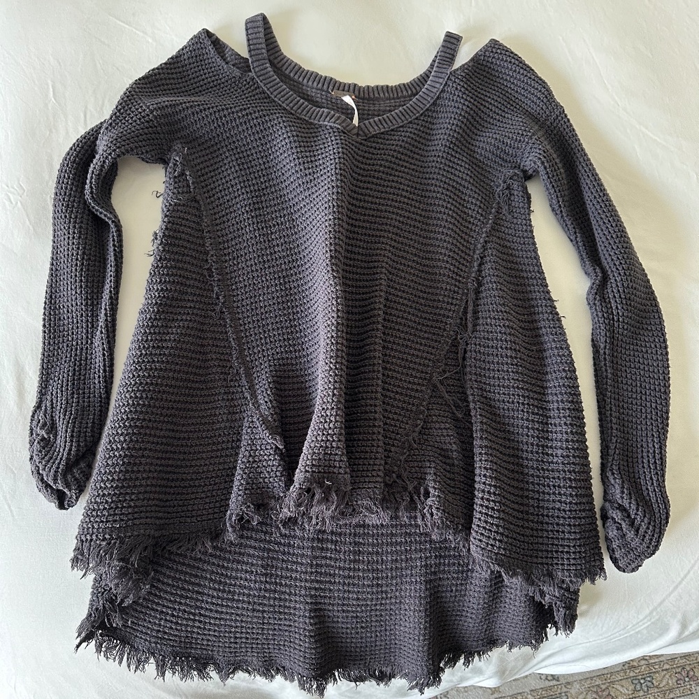 Free People Waffle-Knit Cold Shoulder Sweater in Deep Purple, Size: S